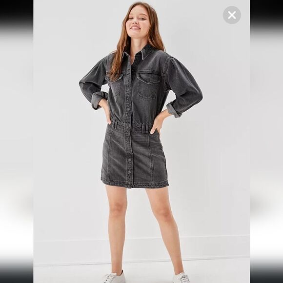 American Eagle Long Sleeve Denim Mini Dress Black Wash Size L - Picture 1 of 10